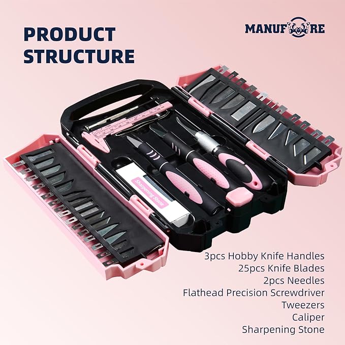 MANUFORE 34pcs Large Exacto Knife Set Craft Precision Knife Set Pink | Comfort - Image 2