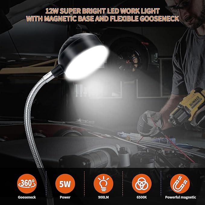 Magnetic Work Light, LED Machine Lights, Lathe Light, Flexible Gooseneck Lights with Magnetic Base, for Sewing Machine, Lathe, Grill, Work Bench, Industrial Lighting, 1200Lumens, Silver