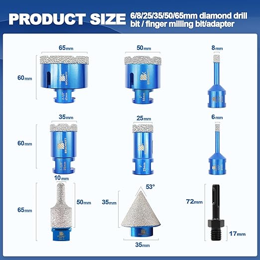 Diamond Core Drill Bit Set BRSCHNITT Diamond Hole Saw for Porcelain Tile Ceramic Marble Granite Drilling with 5/8-11 Thread(6/8/25/35/50/65 Drill bits,10-25mm Finger bit+SDS Adapter&35mm Chamfer bit.