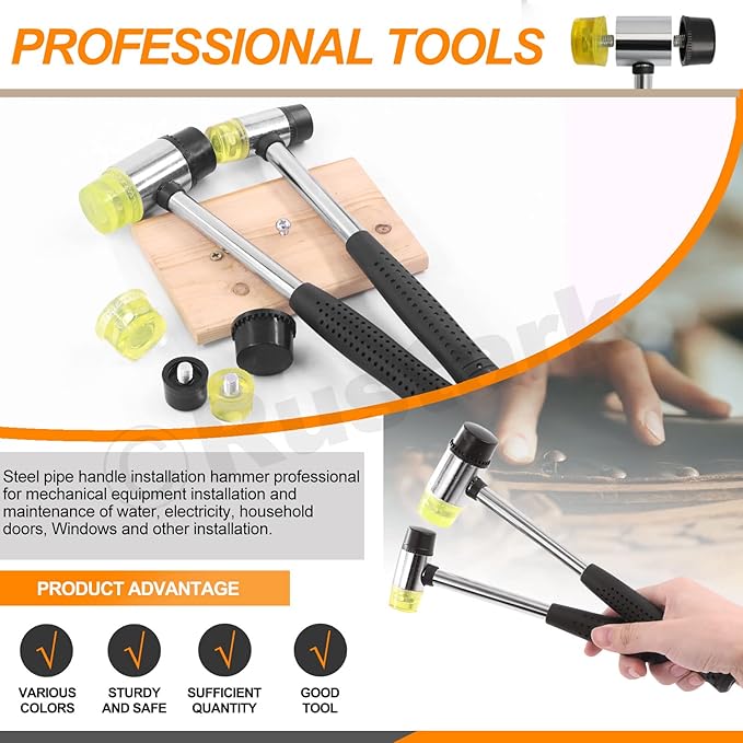 6Pcs 2 Pack 25mm 35mm Double Faced Plastic and Rubber Hammer Mallet Set Double Head Small Mallet Jewelry Hammer W 4Pcs Replacement Heads Nylon Hammer Tool for Jewelry Leather Crafts Flooring
