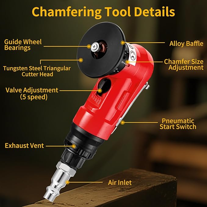 2 in 1 Pneumatic Chamfering Tool- Mini Air Chamfer Tool with Multi-Angle Chamfering Kit,45 Arc Corner Deburring Beveling Chamfer Machine for Metal, Acrylic,Woodworking (Red)