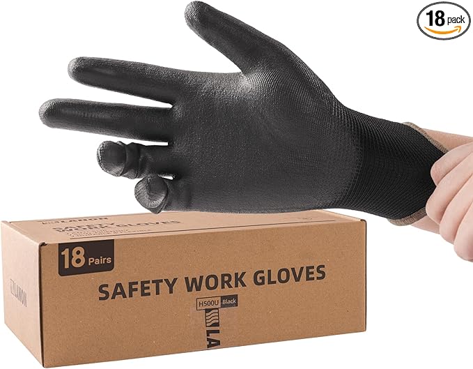 LANON Safety Work Gloves for Men and Women, 18 Pairs Mechanic Black Working Gloves with Grip Odorless PU Coated, Seamless Knit, Full Fingertip Touchscreen for Light Duty Working Gloves, Large