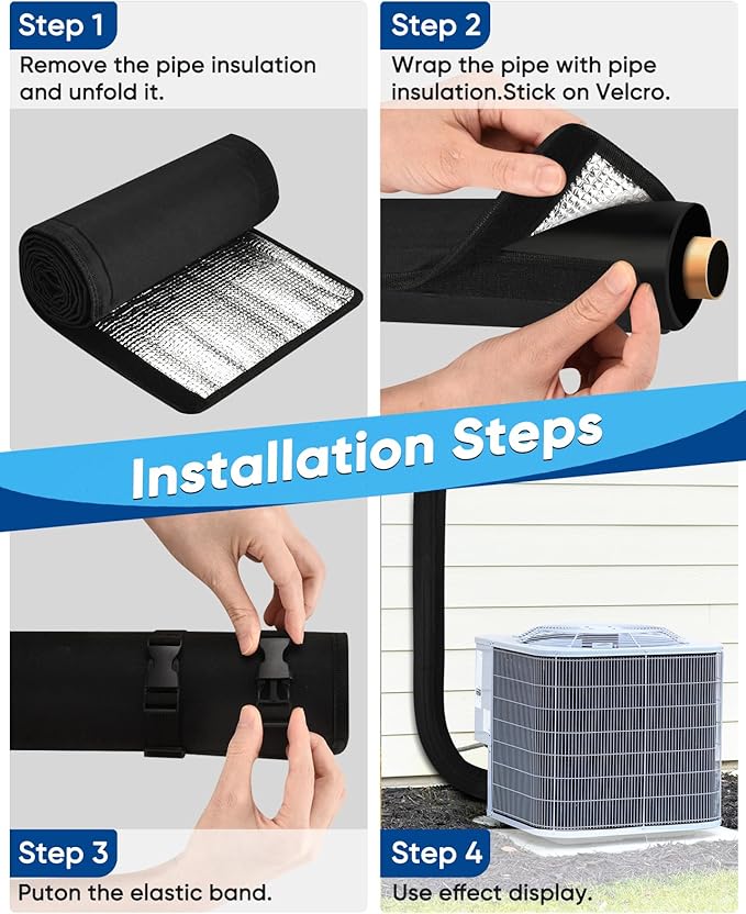 Pipe Insulation, AC Pipe Insulation Outdoor 600D Oxford HVAC Insulation Wrap - 72x10.2 Inch AC Covers for Outside, Easy Install with 3 Adjustable Straps, Black