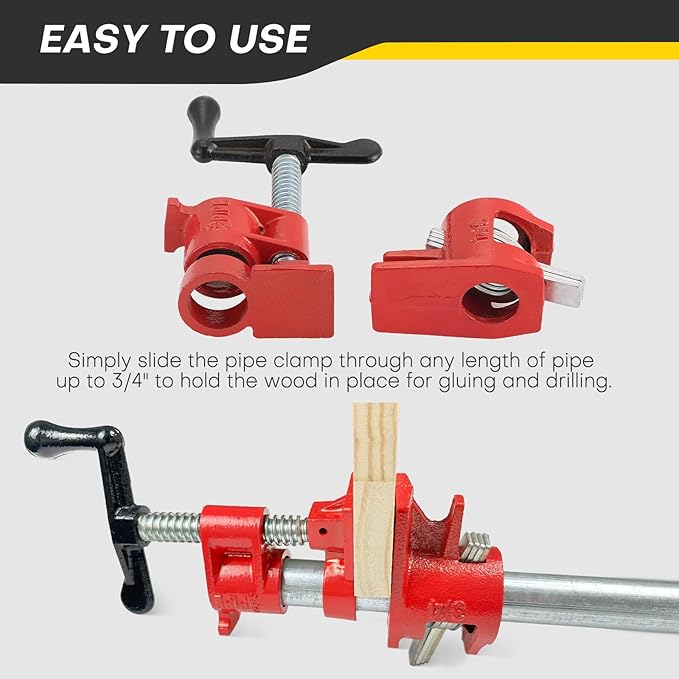 Wood Gluing Pipe Clamp Set | 3/4" Heavy Duty Woodworking Cast Iron Pipe Clamps Quick Release Pipe Wood Clamps (6 Pack, 3/4")