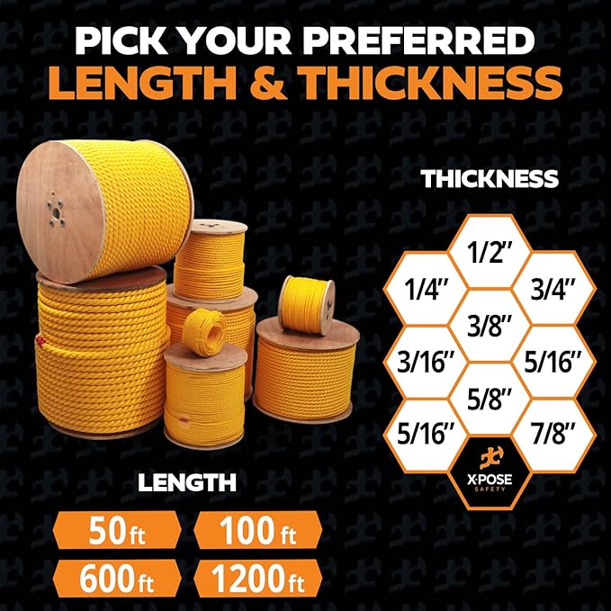 Yellow Twisted Polypropylene Rope, 5/16" Thickness x 1200' Length Heavy Duty Poly Ropes for Outdoor and Marine Use, Yellow Rope for Visibility & Safety