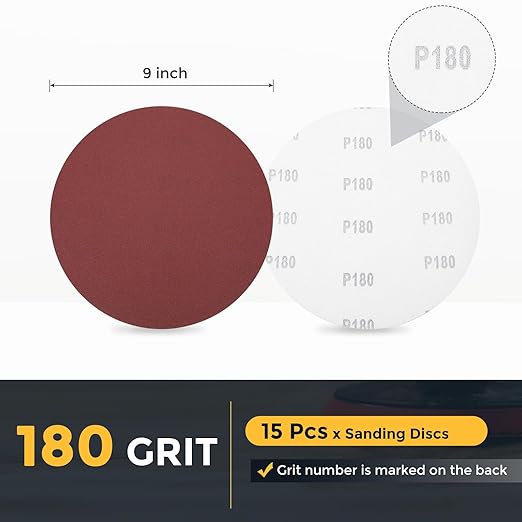 HARFINGTON 15 Pcs 9 Inch Sanding Disc 180 Grit Hook and Loop Sandpaper Random Orbital Sander Pads for Woodworking Automotive Metal Polishing