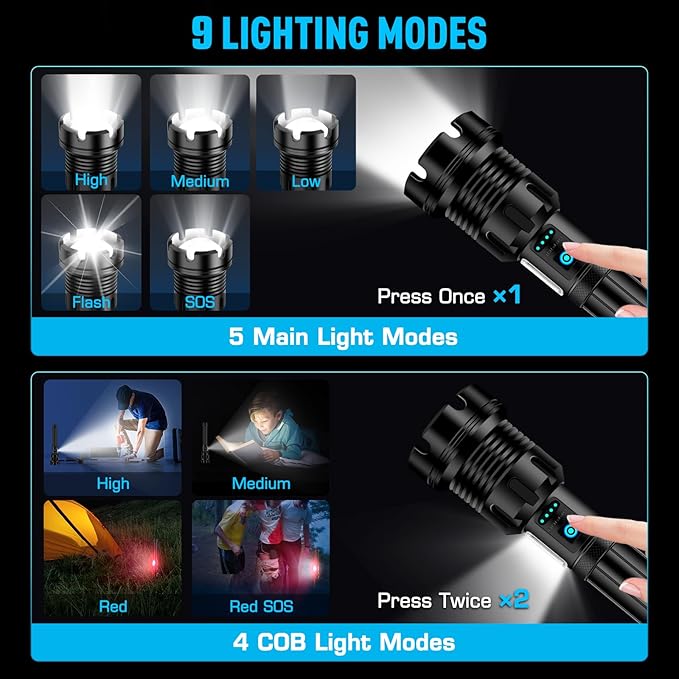9000 High Lumens Flashlight Rechargeable with COB Work Light Super Bright LED Flashlights Heavy Duty&14 Modes &Waterproof Tactical Powerful Flashlight for Emergencies,Camping,Hiking,Outdoor,Indoor
