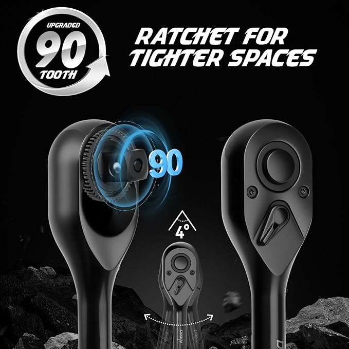 DISEN 3pcs Black Ratchet Set (1/2", 3/8", 1/4" Drive) - 90-Tooth Reversible with Non-Slip Rubber Grip, Quick Release & EVA Tray - Professional Ratchet Wrench Handle Kit