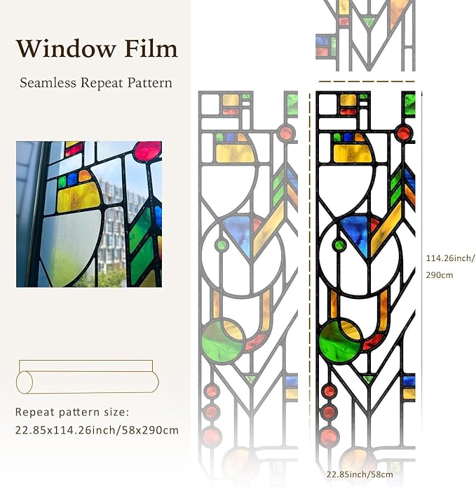 Original Hand Drawn Faux Stained Glass Window Film Double-Sided Texture Static - Image 4