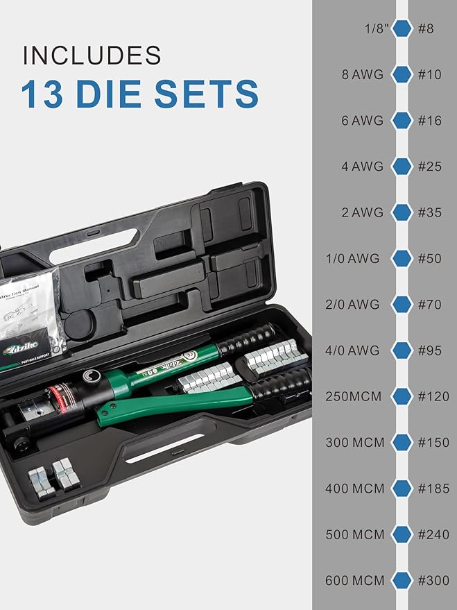 Industry Hydraulic Cable Lug Crimper 16 US TON 9 AWG to 600MCM Electrical Terminal Cable Wire Tool Kit with 13 Die (9awg~600mcm Crimping Tool)