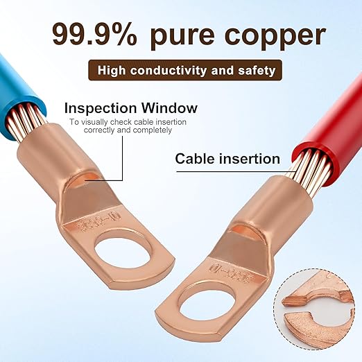 Thick Copper Electric Wire Lugs,10Pcs Bare Copper Gauge 2Awg-3/8(M10) Ring Heavy Duty Battery Cable Lugs Ends Ring Terminals Connectors with 10Pcs 3:1 Heat Shrink Tubing Assortment Kit