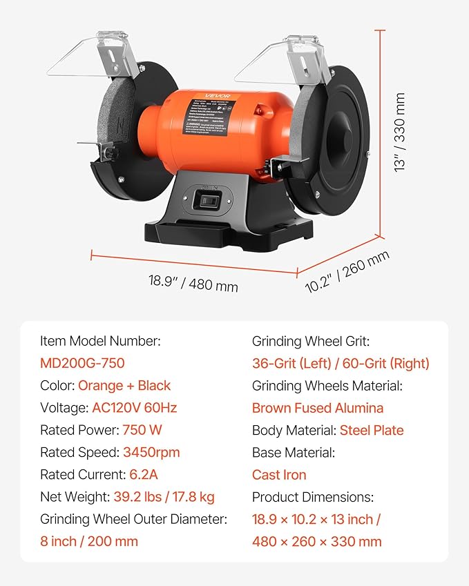 VEVOR Bench Grinder, 8-inch Single Speed Bench Grinder, 3450RPM High-Speed Table Grinders with 750W 6.2A Induction Motor, 36/60-Grit Grinding Wheel & Adjustable Eye Shield for Fast Sharpening Grinding