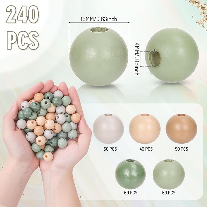 Whaline 240 Pcs Sage Green Beige Wood Beads Natural Color Round Loose Beads - Image 2