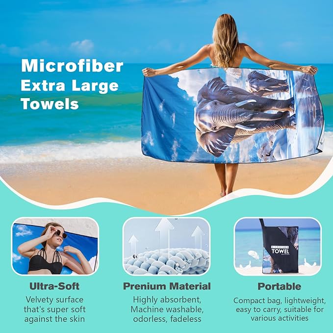 Glacier Elephant Beach Towel Oversized 36" x 72", Thin Lightweight Sand Free Quick Dry Microfiber Towel for Swimming Pool Cruise Camping Travel