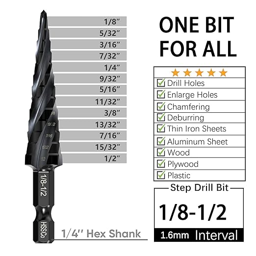 M35 Cobalt Step Drill Bit - 1/8" to 1/2" (13 Sizes) - Unibit Four Spiral Flute - 1/4" Hex Shank - Metal Drilling Bit: High Strength, Durability, Efficient