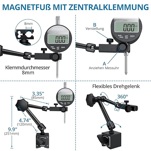 AUTOUTLET Digital Dial Indicator with Magnetic Base, Long Arm 0-1" with Professional Dial Gauge 0.0005",Inch/Metric Conversion for Lathe and Milling Machine Alignment