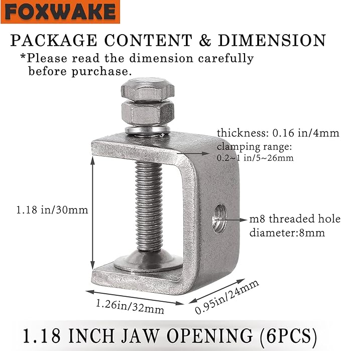 Stainless Steel C Clamps Mini 1 Inch for Mounting, Heavy Duty Metal U Clamps for Metal Working, Small Desk Clamp with Stable Wide Jaw Opening & Protective Pads/I-Beam Design (4pcs)