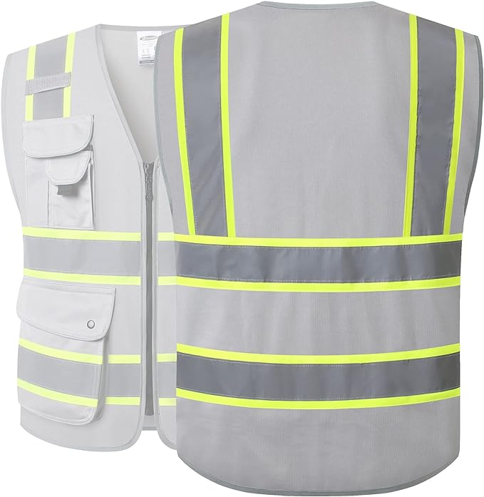 JKSafety 9 Pockets Hi-Vis Fluorescent Color Zipper Front Safety Vest with Neon Color Extended Yellow Trims for Men and Women Work Safety Utility (901-Grey 3XL)