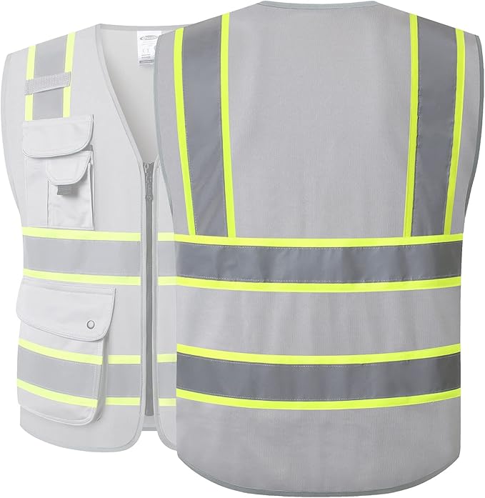 JKSafety 9 Pockets Hi-Vis Fluorescent Color Zipper Front Safety Vest with Neon Color Extended Yellow Trims for Men and Women Work Safety Utility (901-Grey L)
