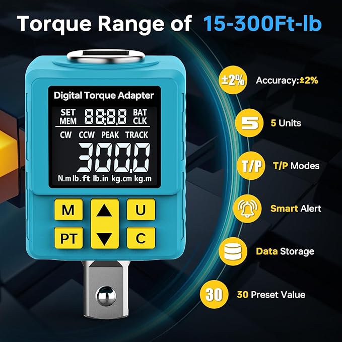 Heavy-duty Digital Torque Adapter, (±1% Accuracy, 40-300Ft-lb), 1/2" Digital Torque Wrench Adapter for Auto, Versatile Meter - Alert | Peak/Track | Preset | Store/Delete, for Machinery Repairs(406N.m)