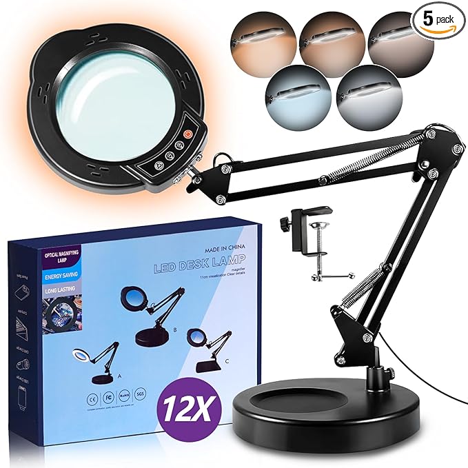 12X Magnifying Glass with Light and Stand, 5 Color Modes 10 Stepless Dimmable by ProfessionalMagnifyingGlass