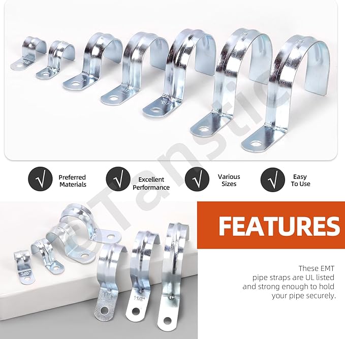 Tanstic 30Pcs 3/4 Inch EMT Pipe Strap Zinc Plated Steel One Hole Strap Conduit Clamp Rigid Pipe Strap for Pipe Fixing