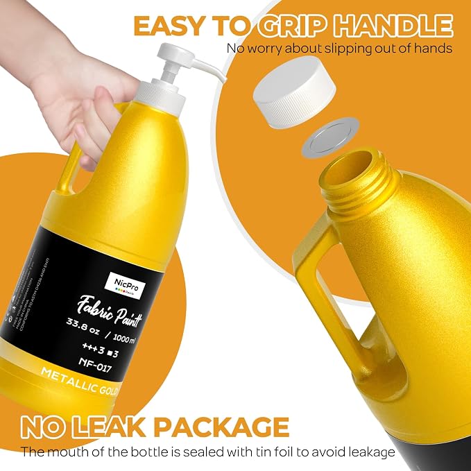 Nicpro Gold Fabric Paint with Pump, 33.8 fl oz Large Fabric Paint - Image 2