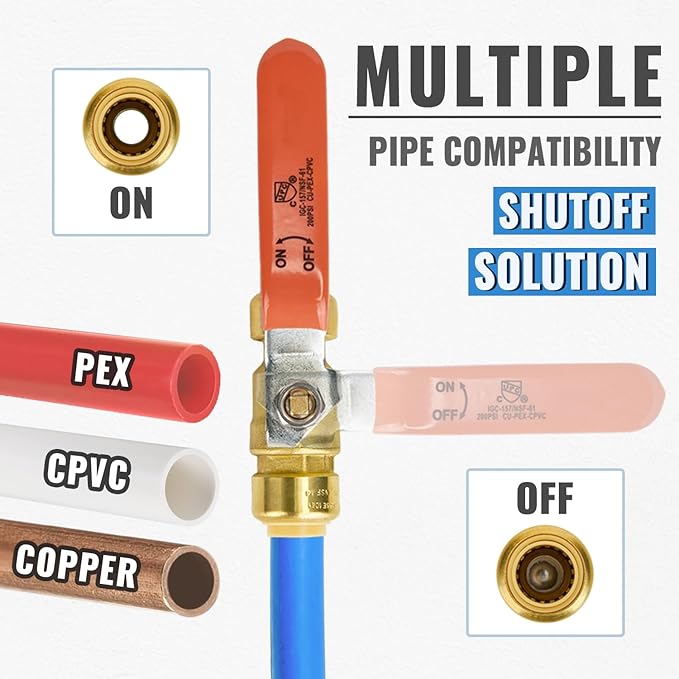 SUNGATOR 3/4 Inch Ball Valve, 3/4" Shut Off Valve, No Lead Brass Push-to-Connect Plumbing Water Shutoff for PEX Pipe, Copper, CPVC, PE-RT, with 1 Disconnect Clip, Pack of 6