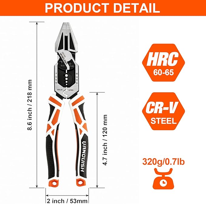 VANQUISH 8-in-1 Linesman Pliers, 8’’ Multipurpose Combination Pliers Wire Cutter/Crimper/Stripper, CRV Steel Hand Tool, Heavy Duty Side-Cutting Pliers for Crimping, Stripping, Shearing, Screwing, 3238