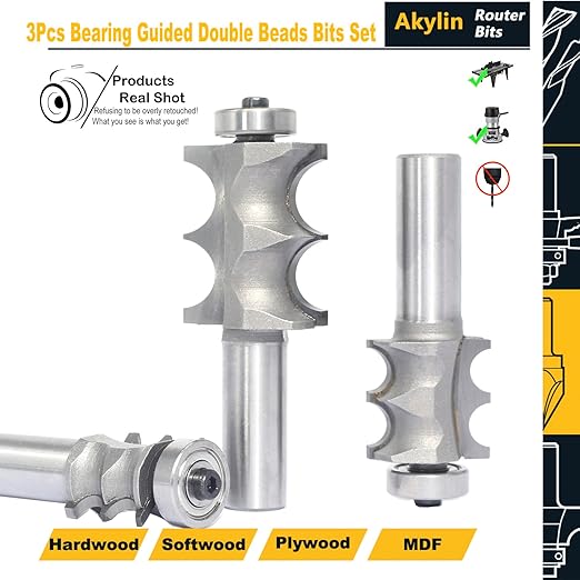 3Pcs Double Beading Router Bits 1/2" Shank,Cutting Height 3/4",7/8",1-3/8" Pair Beads,Dual Bead Columns for Furniture Molding,Perfect Edge Mould Cutter for Shelf with Ball Bearing Guided