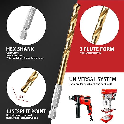 13PC 1/4" Titanium Coated Twist Hex Shank Drill Bit Set, 135 Degree Tip HSS Drill Bit Sets, Impact Driver Drill Bits for Wood, Steel, Metal, Plastic with Quick Change Design