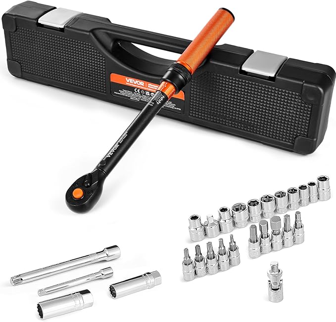 VEVOR 26Pcs Torque Wrench Set, 3/8 Inch Drive, 3.7-44.3FT.LB(5-60Nm), 72-Tooth Click Torque Wrench with Hex/Torx/Spark Plug Sockets, Extension Bars, 1/4 Adapter, for Bicycle Motorcycle Maintenance