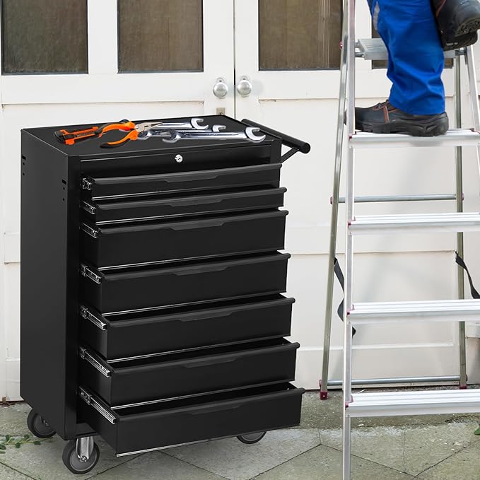 7-Drawer Rolling Tool Chest Cabinet, Large Capacity Metal Tool Box with Wheels and Keyed Locking, Roll Around Storage Organizer Tool Cart for Garage, Warehouse, Work Shop (Black)