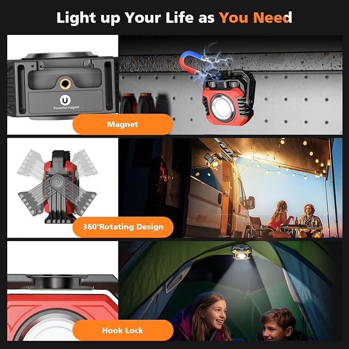 Samyoung 2 Pack 2400LM Rechargeable Work Light, 28 Hours Long Lasting Stepless 2700-8000K White Warm & Brightness Magnetic LED Work Light, Ultralight 360°Rotating Portable Light with Hook(Red)