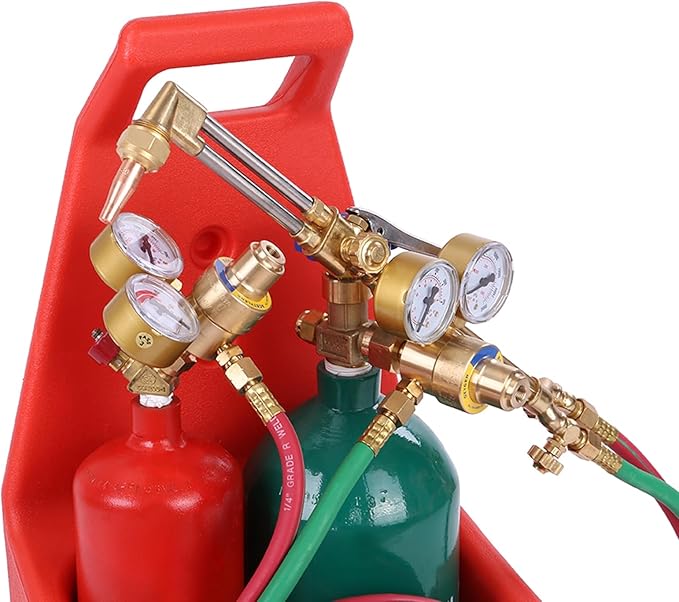 Oxygen Acetylene Torch Kit, Professional Welding Cutting Kit, Long Pipe Brass Nozzle Welding Torch Kit with Gauge Oxygen Acetylene, Portable Oxyacetylene Welding and Cutting Torch Kit Red