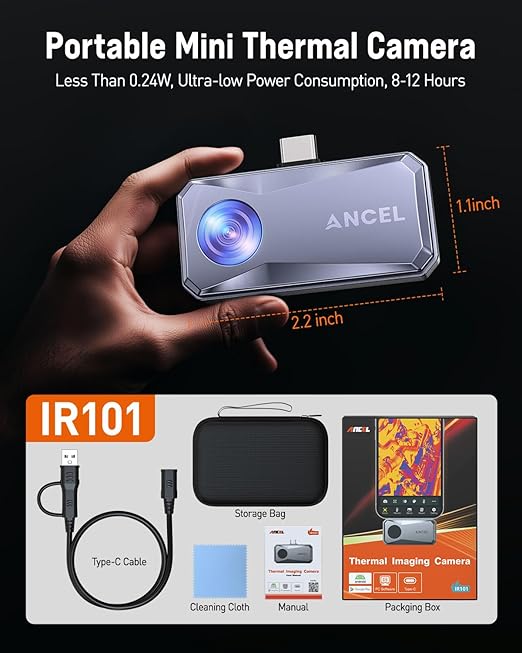 ANCEL IR101 Thermal Camera, 512x384 IR Resolution Thermal Imaging Camera for Android (USB-C), 25Hz Real-Time Diagnostic Infrared Camera, 0.24W Thermal Imager for Home/PCB Inspection/Automotive Repair