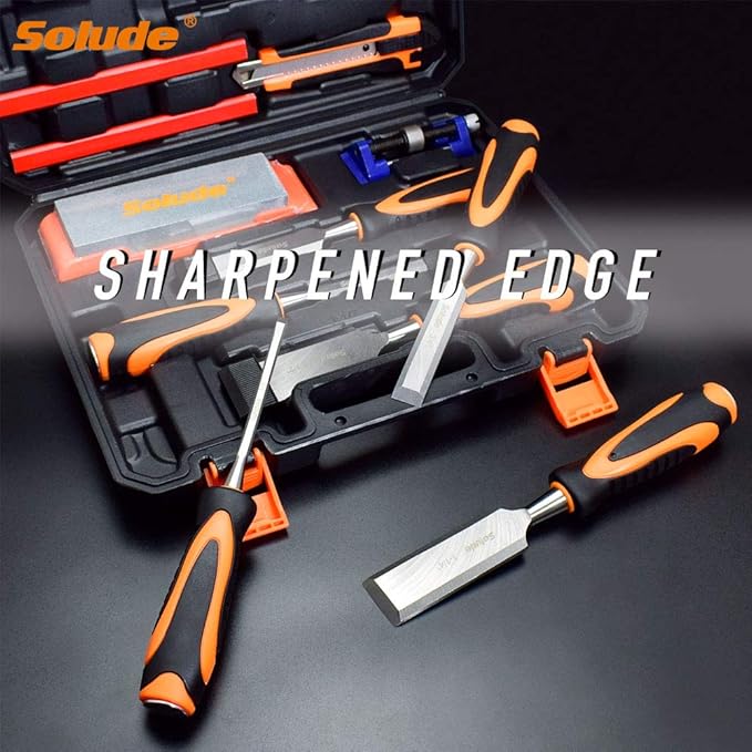 SOLUDE 11Pcs Wood Carving Chisel Set,Heated Treated Cr-V Woodworking Chisels Tool Kit with Sharpening Stone,Honing Guide,Carpenter Pencils