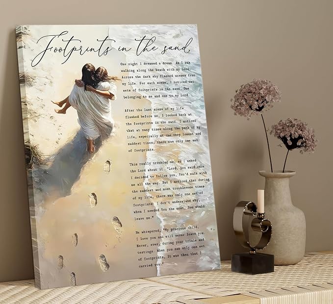 Jesus Holding Woman Wall Art Footprints in the Sand Painting Picture Wall Decor - Image 6