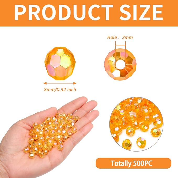 BONNY BOXX 500pcs 8mm Acrylic Faceted Round Crystal Beads Transparent Orange AB - Image 2