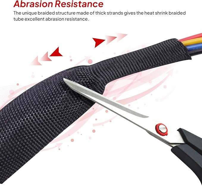 2 in 1 Ratio Heat Shrink Fabric Braided Sleeving, 1" - 24 feet Soft, Flexible and Sealing Black Shrinkable Braiding Sleeve