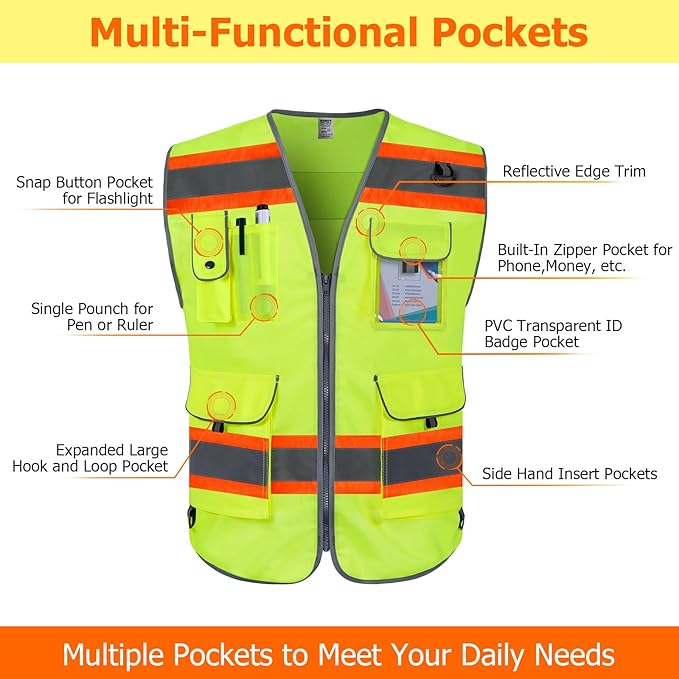 TCCFCCT Safety Vest 9 Pockets High Visibility Reflective Safety Vest for Men Women, Hi Vis Work Vest with Fluorescent Orange Extend Edge for Workers, Surveyors, Meets ANSI/ISEA, (DB-Yellow, 3X-Large)