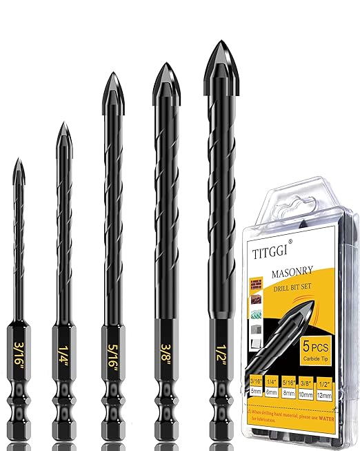 Masonry Drill Bit Set - Cement Drill Bit, Professional Concrete Drill Bit Set (5PCS) for Glass/Brick/Cement/Tile/Etc, Industrial Strength Carbide Cross Drill Bit Tip, 3/16"-1/2" by TITGGI