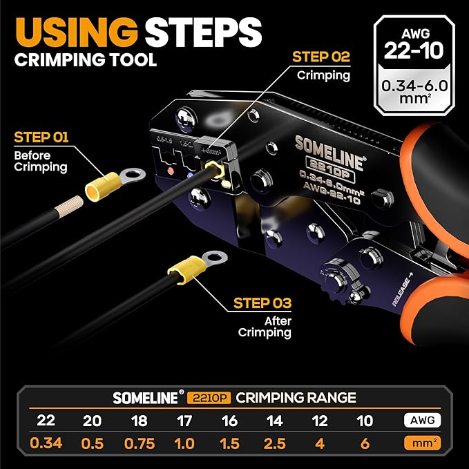 SOMELINE Wire Terminals Crimping Tool, with 30 Sizes Insulated Ratcheting Terminals Crimper Kit of AWG 22-10 Insulated Electrical Butt Bullet Spade Fork Ring Spade Splice Crimp Terminals