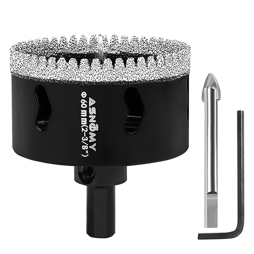 2-3/8 Inch Diamond Hole Saw with Pilot Drill Bit, 2-3/8" Serrated Brazing Tile Hole Saw Diamond Core Drill Bits with Guiding Bit for Ceramic Porcelain Tile Glass Stone Granite Marble