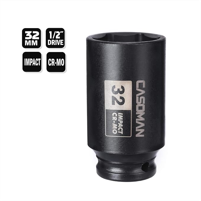 CASOMAN 1/2" Drive x 32 mm Deep 6 PT Impact Socket, CR-MO, 1/2-inch Drive 6 Point Axle Nut Socket for Easy Removal of Axle Shaft Nuts (32MM)