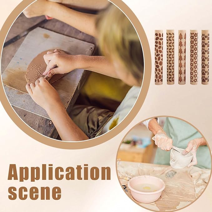 5 PCS Wooden Clay Texture Rollers Set, 100mm Pottery Pattern Rolling Pins - Image 5