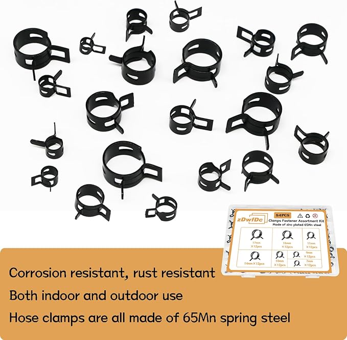 84PCS 7-17mm Fuel Line Hose Clamps Spring Clamp Firmware Silicone Vacuum & Automotive Replacement Fastener Sorting Kit, Black Manganese Steel Spring Hose Clamp DD006-b