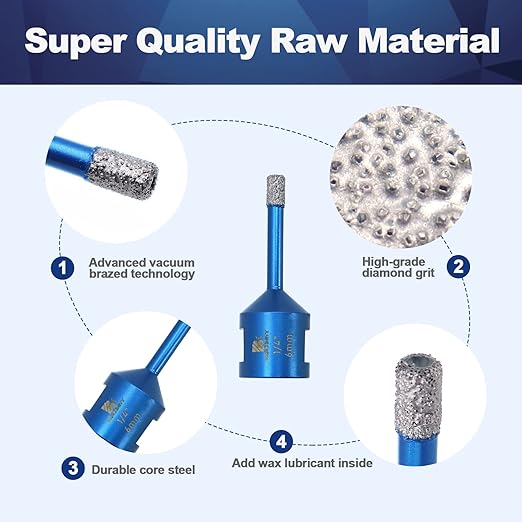 1/4 Inch Diamond Core Drill Bit for Porcelain Tile Ceramic Marble Granite Drilling,BRSCHNITT 5pcs Vacuum Brazed Diamond Hole Saw with 5/8-11 Thread (6mm 5pcs)