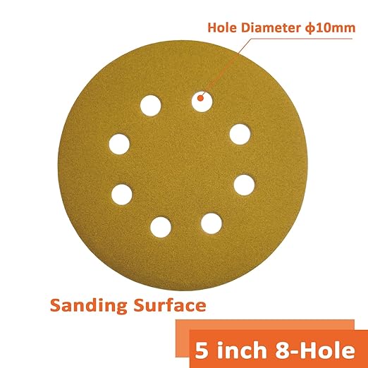 Orbital Sander Paper 5 Inch 8 Hole 220 Grit Sanding Disc,Hook and Loop Wet/Dry Gold Replacement Sandpaper,Suitable for Wood,Plastic Grinding and Polishing,Pack of 50