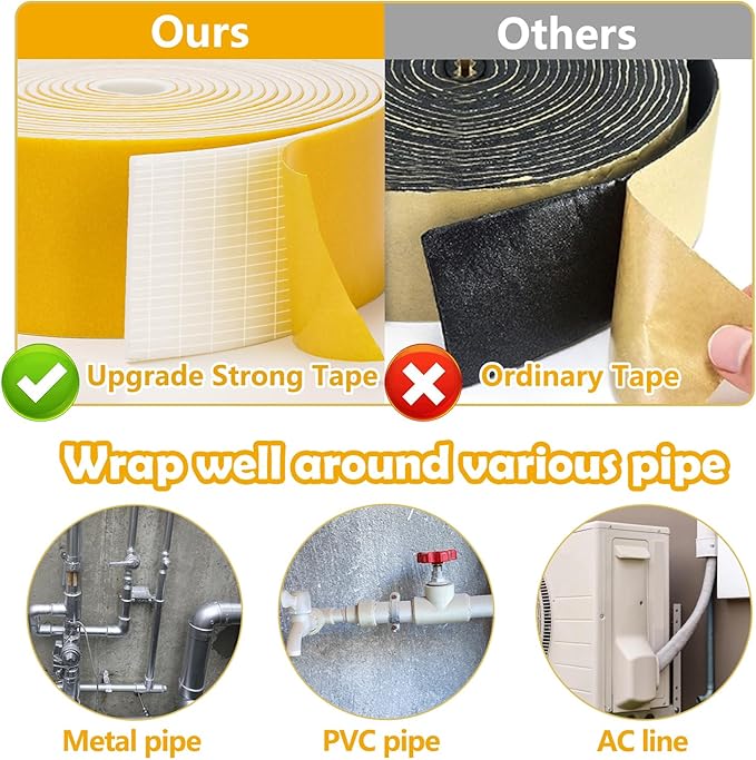 DEMEDO Pipe Insulation Tape, Pipe Wrap Insulation Foam Tape Self Adhesive, Outdoor Water Pipe Insulation Roll for HVAC, AC Line Insulation, 3 inch x 16.5 FT Heat Tape for Water Pipe, White
